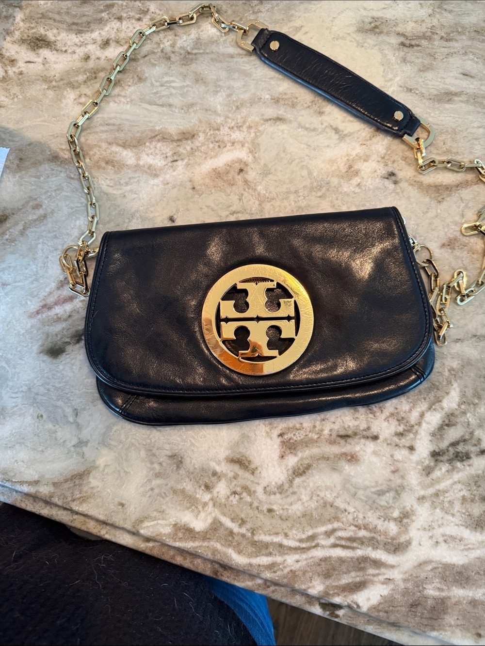 Tory Burch Black Leather Crossbody with Gold Logo Chain